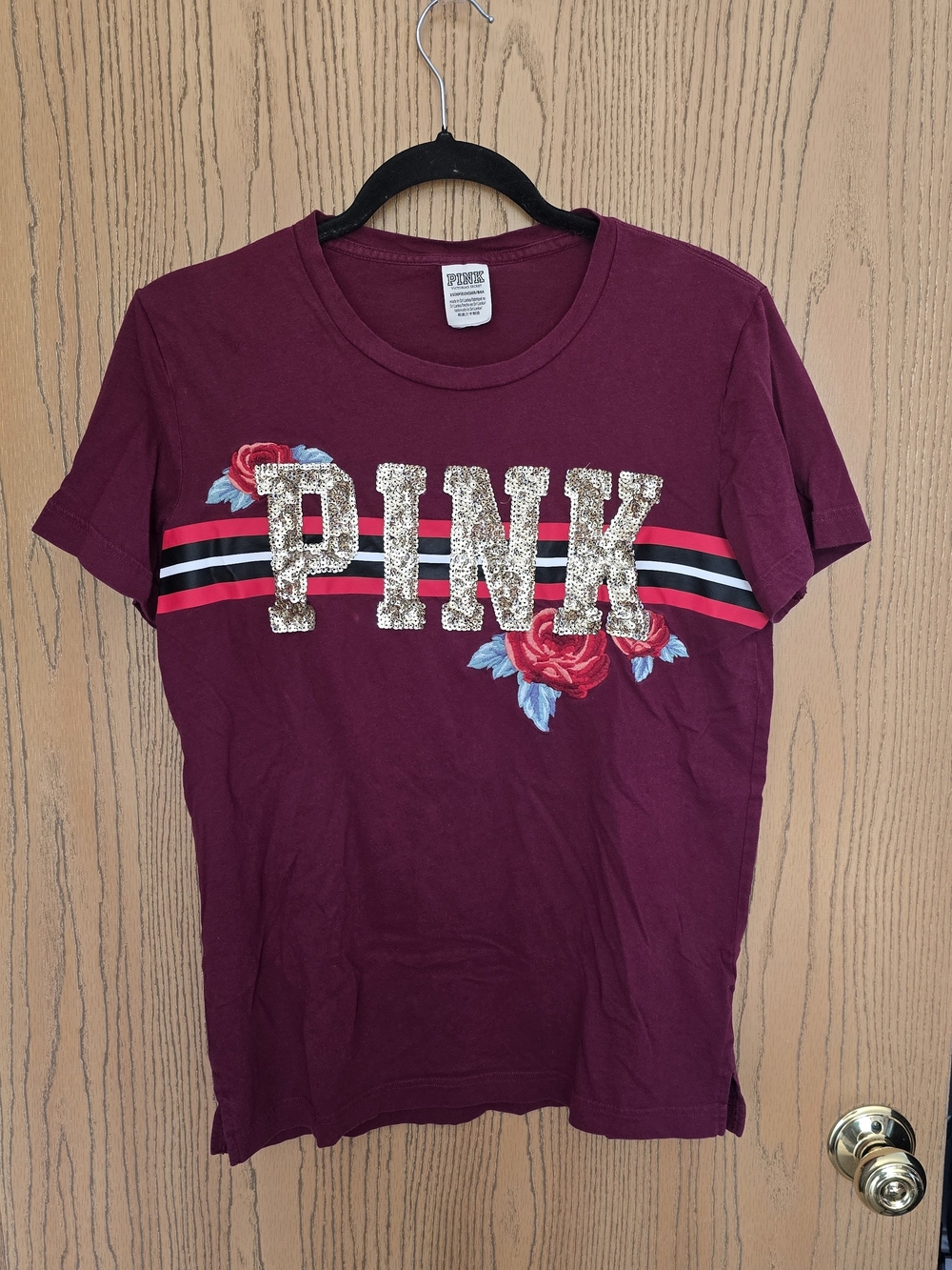 PINK Victoria's Secret Sequin Logo Burgundy Short Sleeve Tee